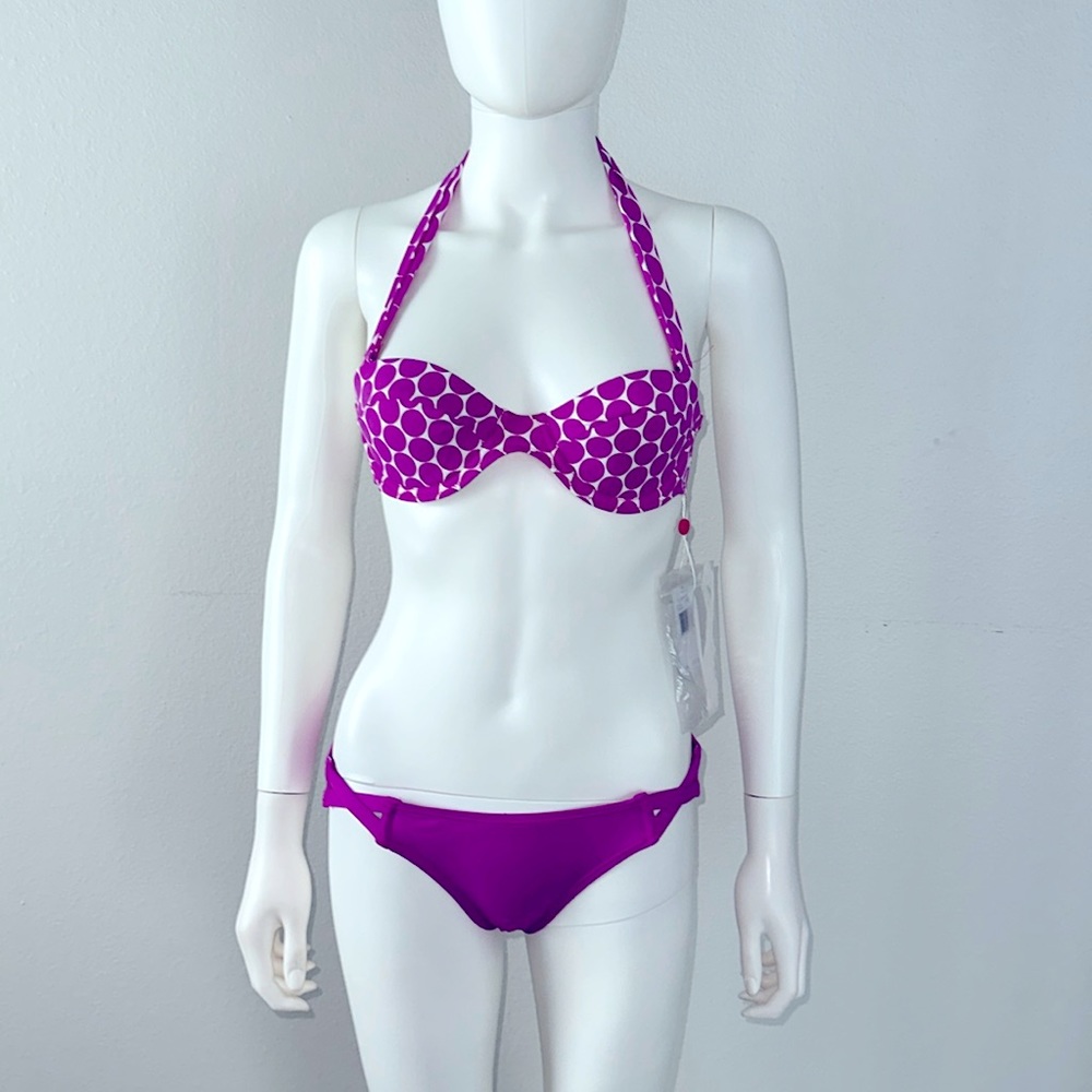 ECHO Designs purple white dot halter bandeau bikini top XS & strappy bottoms S